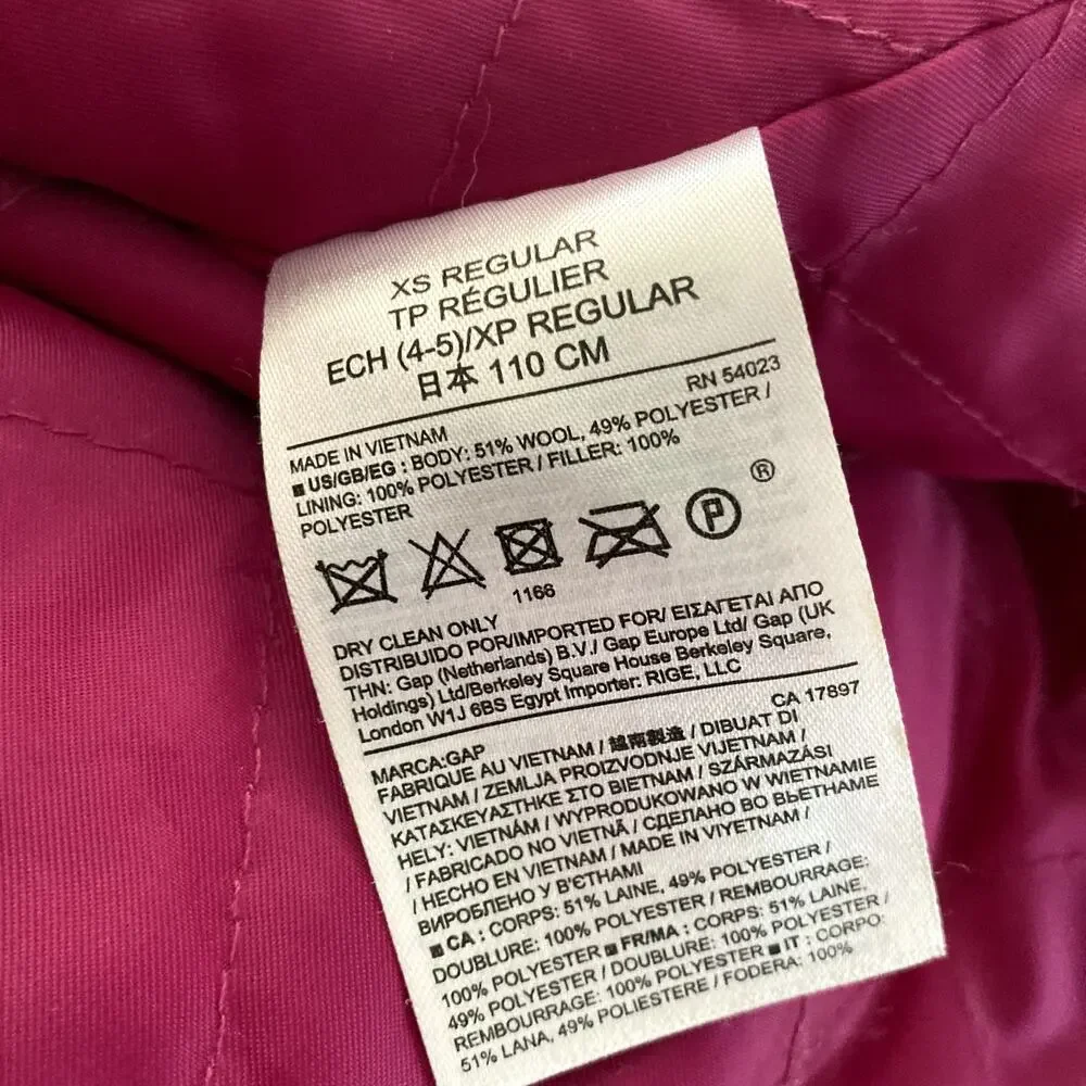 Gap Kids Solid Peacoat Wool Blend Fuchsia Petal Pink XS 4/5